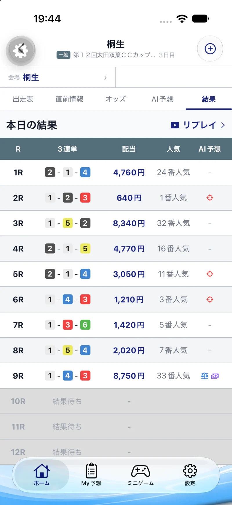 レースごとの着順と払戻金を確認する画面